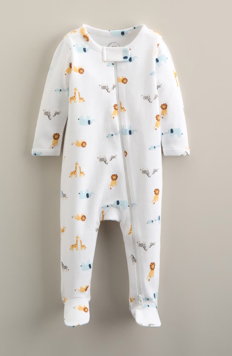 Nordstrom Print Zip Cotton Footie, Main, color, White Zoo Animals