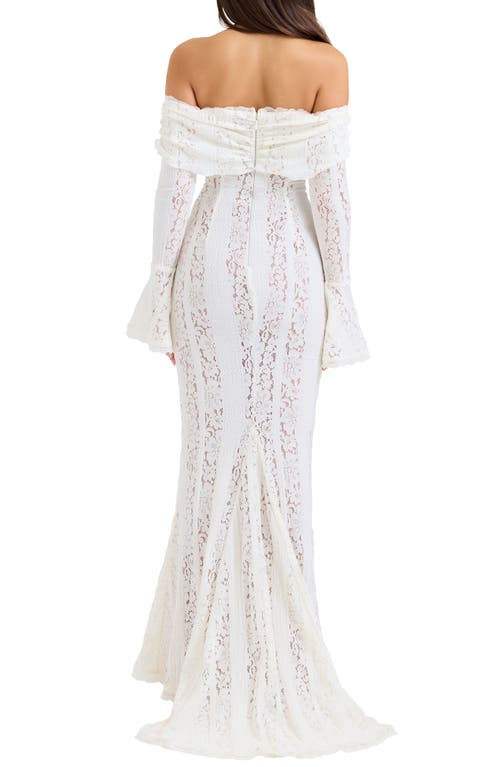 House Of Cb Belle Off The Shoulder Long Sleeve Meramid Gown In Cream