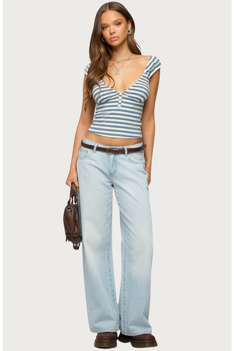 Aina Stripe V-Neck Henley Top, Alternate, color, BLUE-AND-WHITE