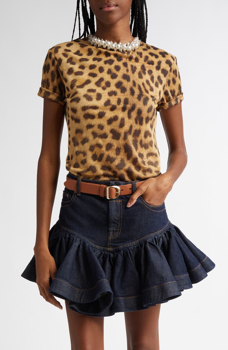Zimmermann Crystal Embellished Leopard Print Linen T-Shirt, Main, color, 