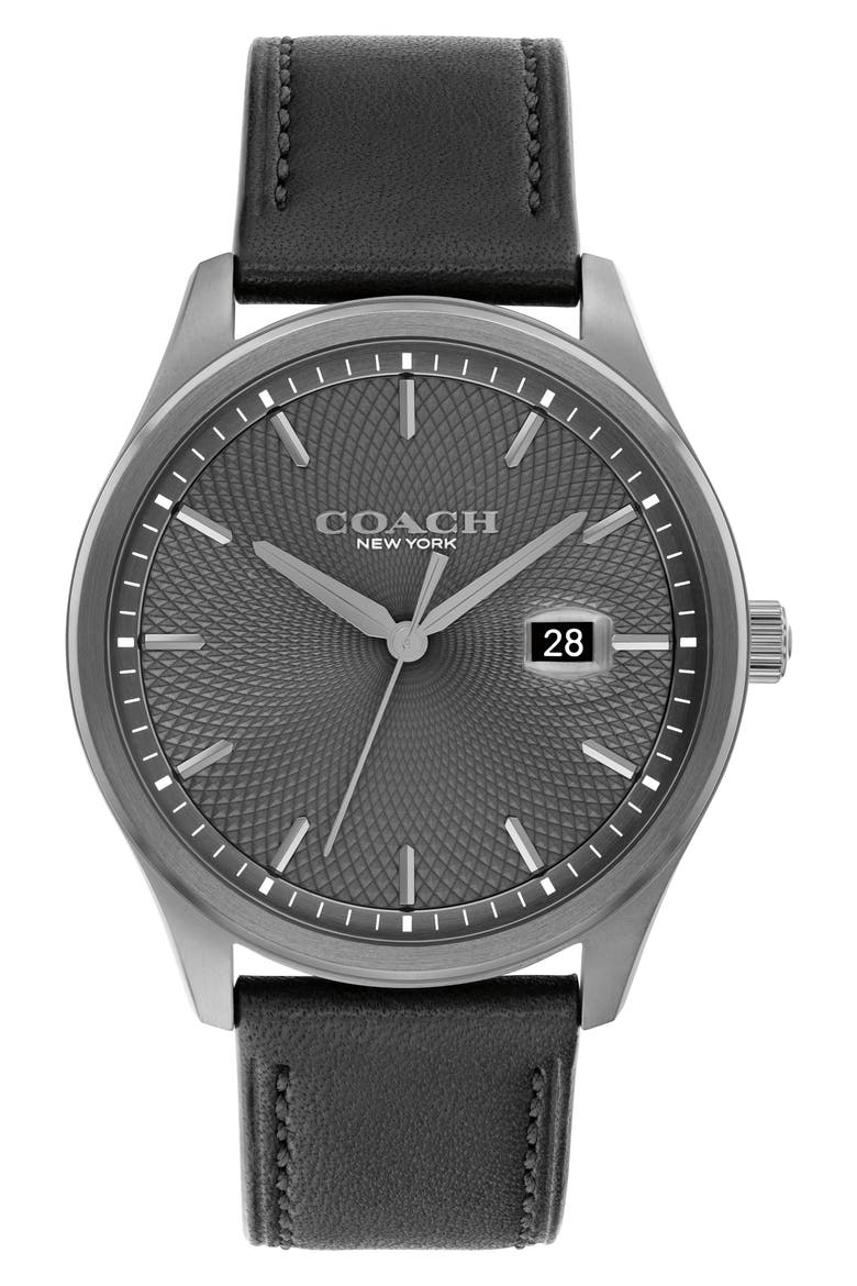 Oliver Leather Strap Watch, 41mm, Main, color, GREY
