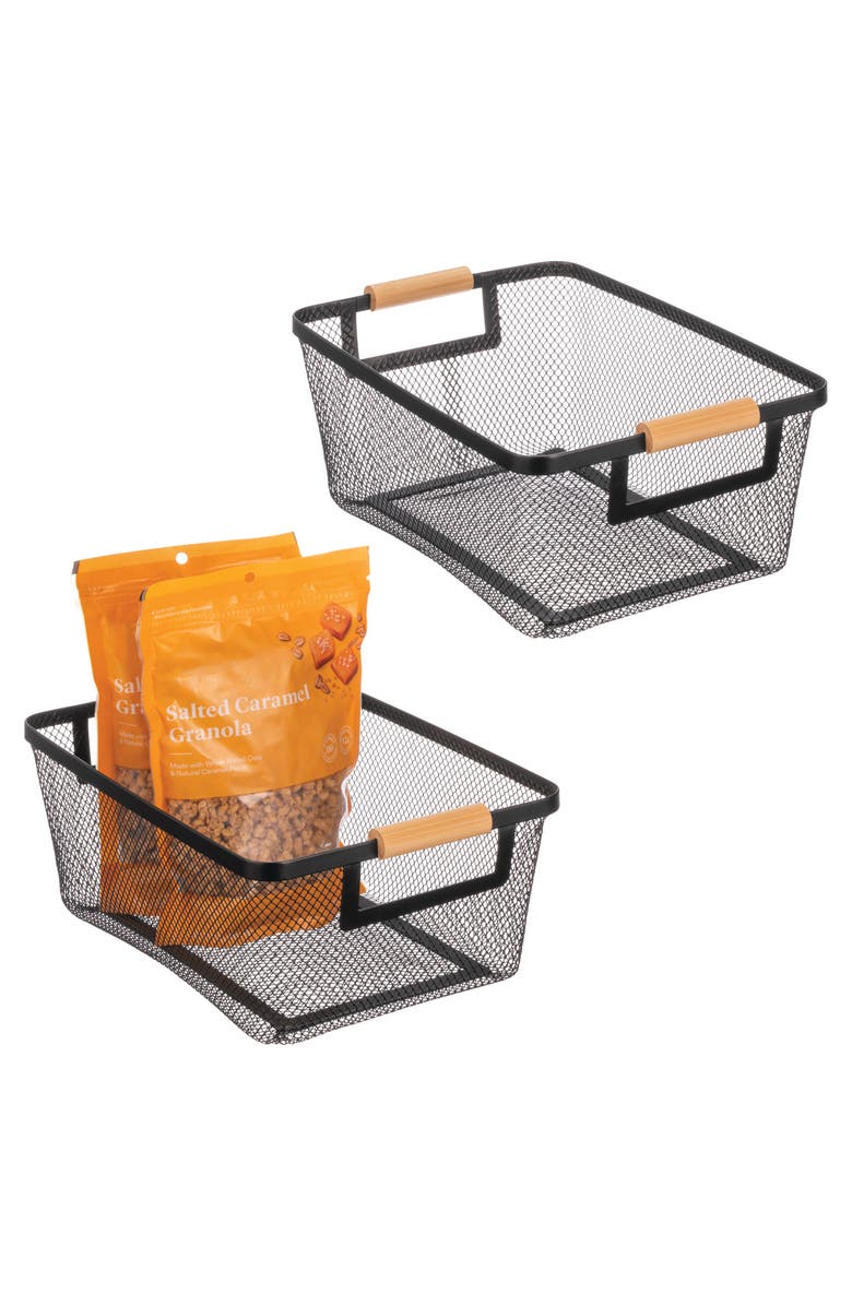 mDesign Metal Wire Pantry Basket with Wood Handles - Set of 2 - Black/Natural, Alternate, color,