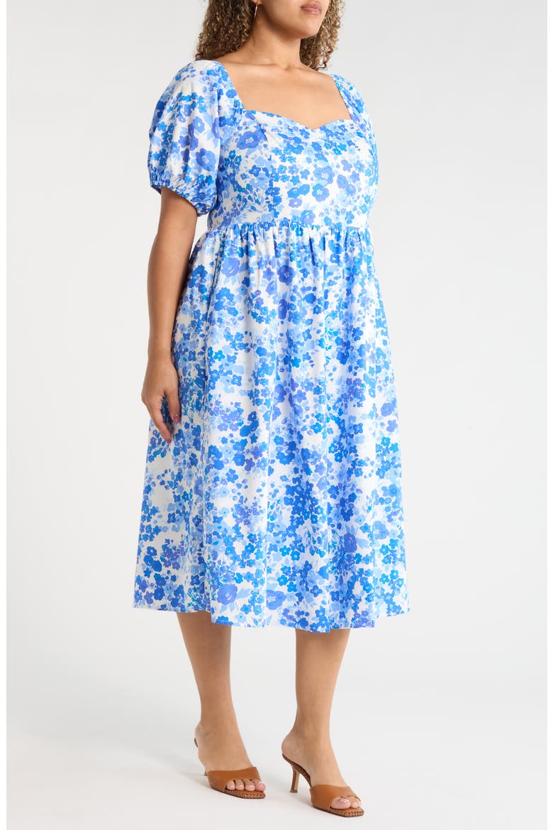 Carli Floral Print Midi Dress, Alternate, color, WHITE-BLUES-MULTI
