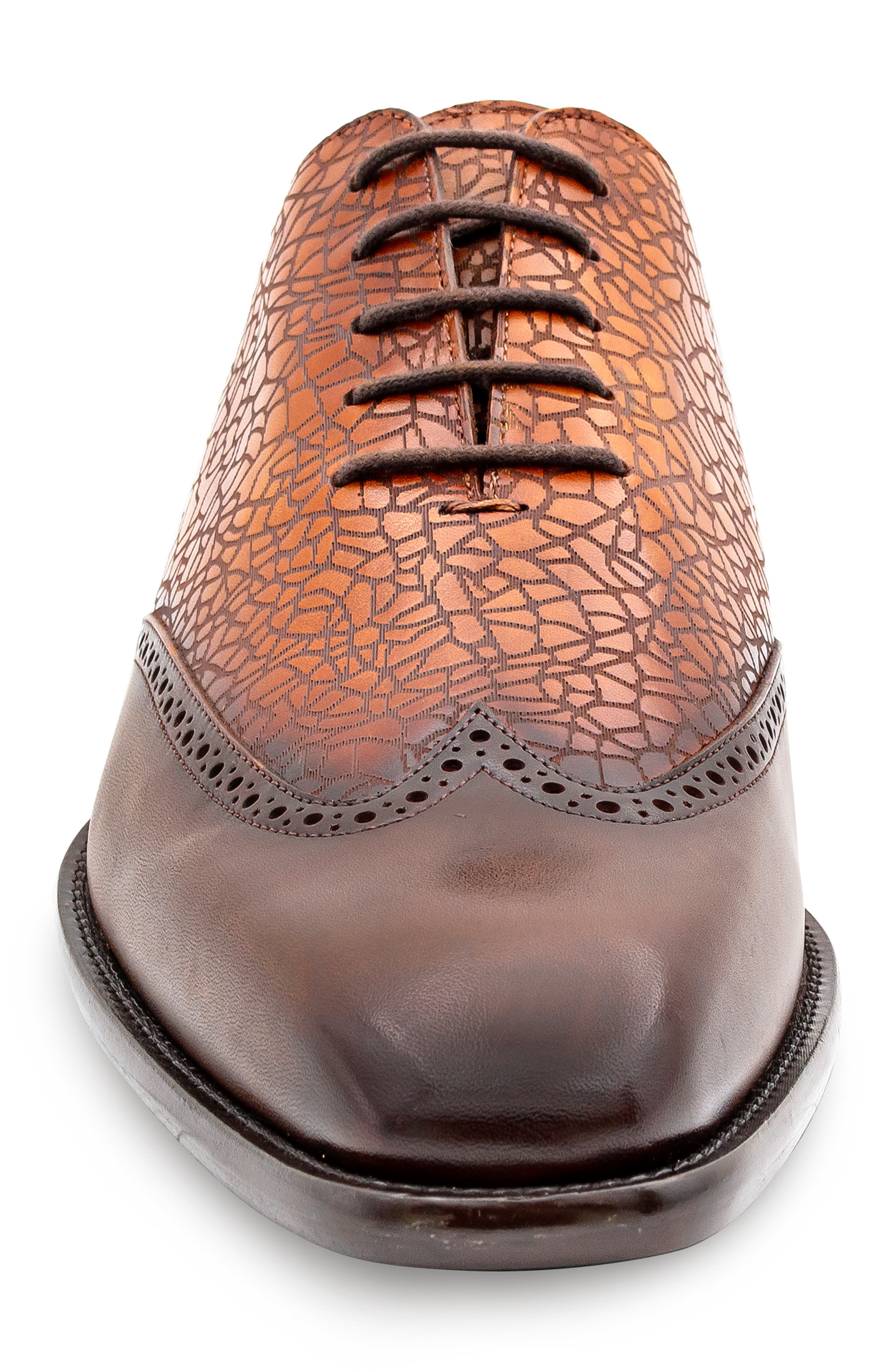 Mezlan Patina Laser Wingtip Oxford, Alternate, color, Chocolate/ Cognac Rust