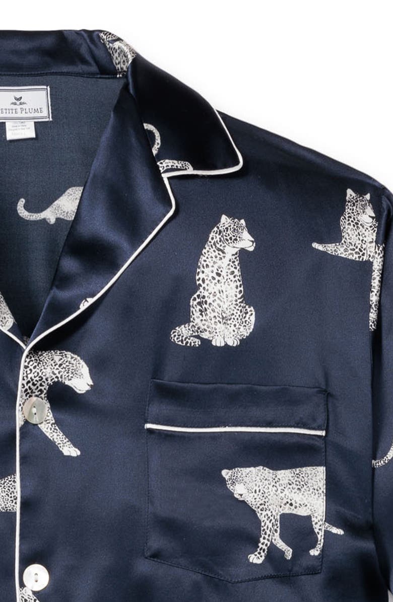 Petite Plume Panthre de Nuit Silk Pajamas, Alternate, color, Navy