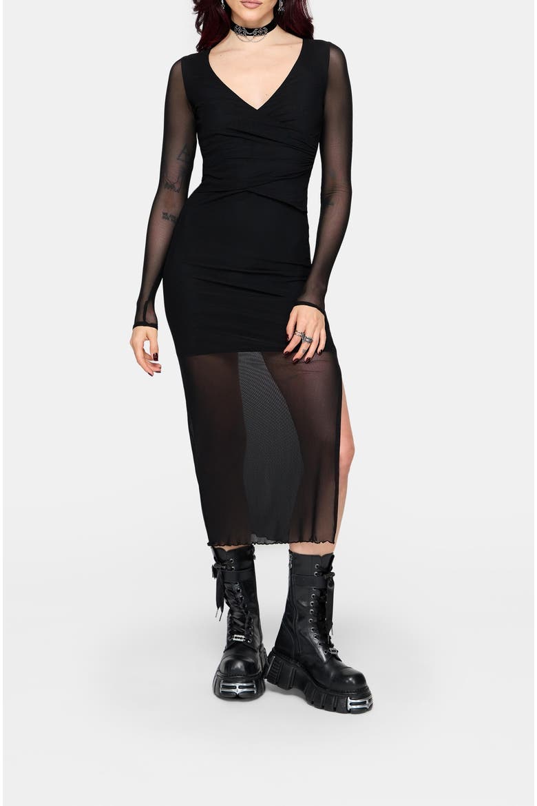 Zillah Ruched Wrap Mesh Midi Dress, Main, color, Black