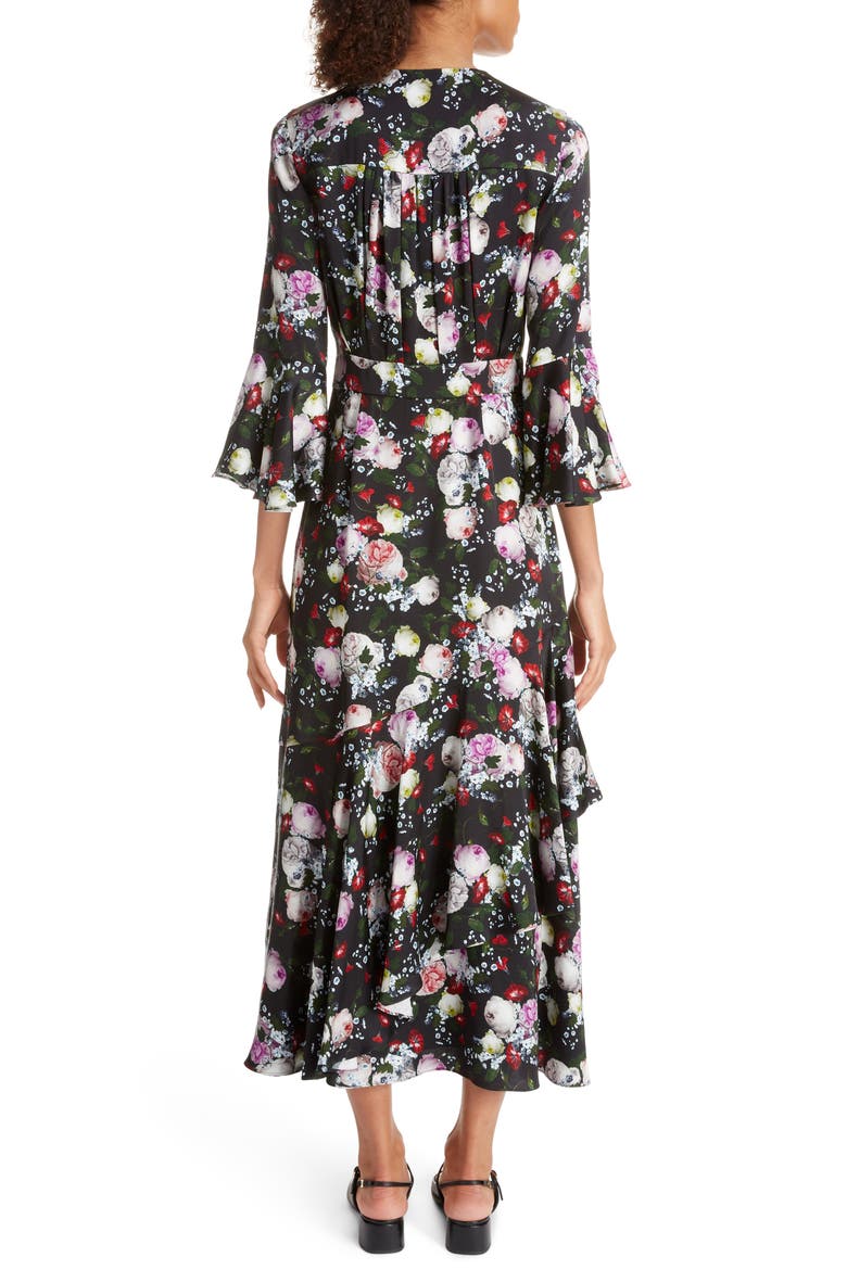 Ruffle Detail Floral Print Satin Midi Dress, Alternate, color, BLACK/ MULTI