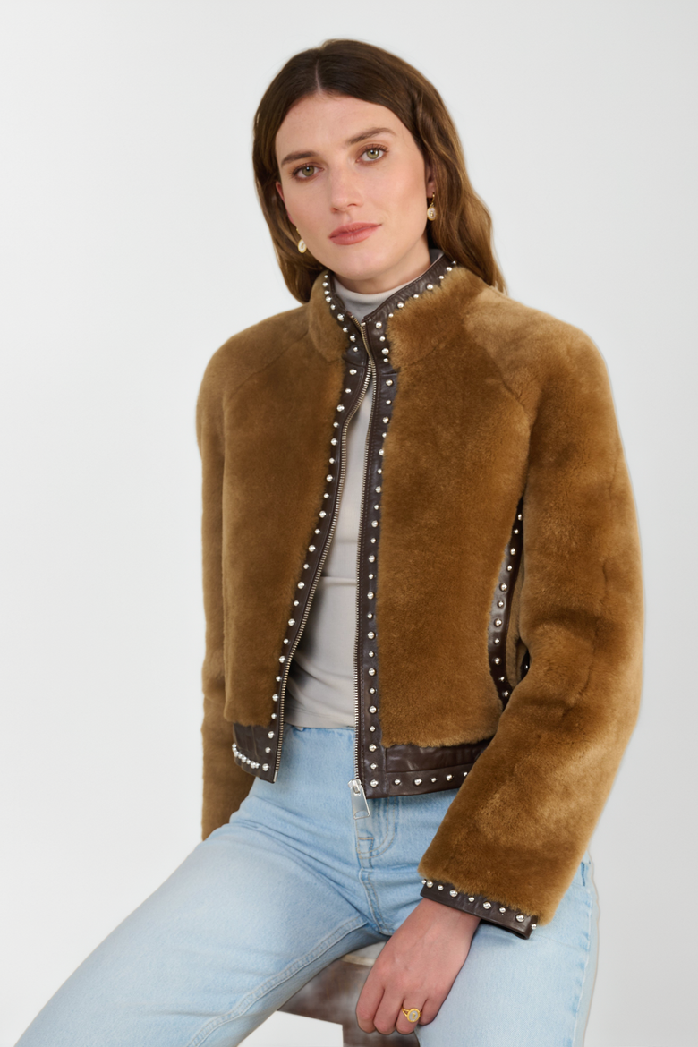 Harper Shearling Studded Jacket, Alternate, color, Brown