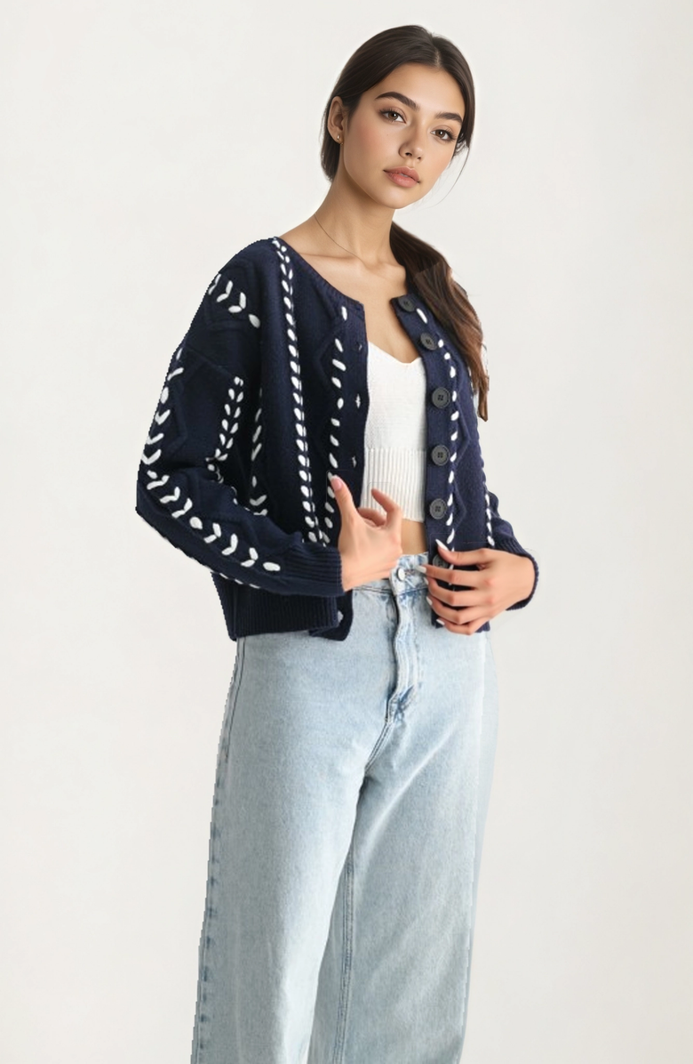 Knit and Lounge Button Front Stitch Detailing Cardigan, Alternate, color, Navy Blue / White