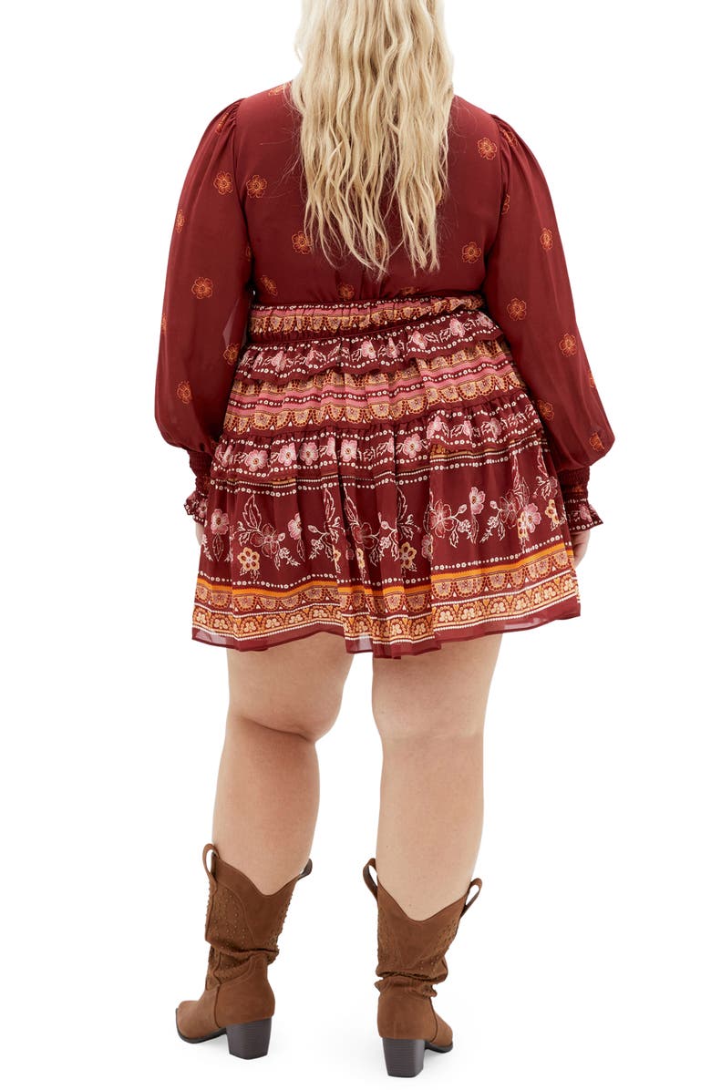 City Chic Ophelia Mixed Print Long Sleeve Tiered Minidress, Alternate, color, Orange Print