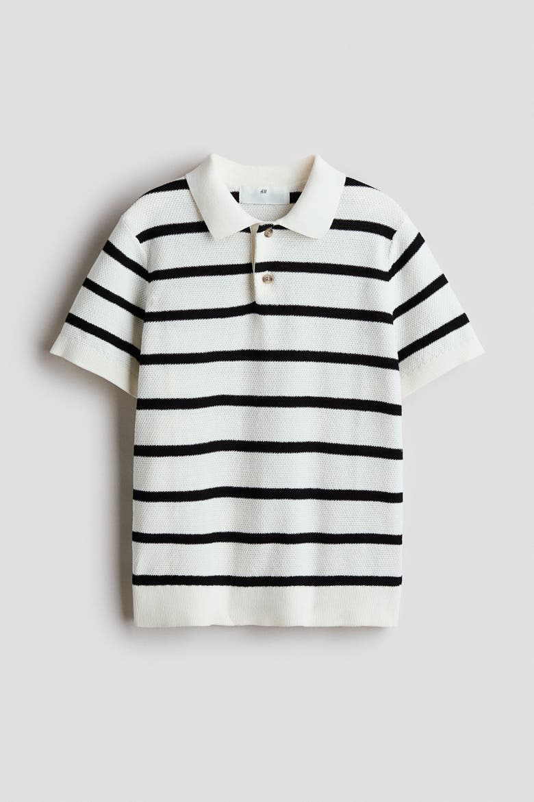 Waffle-knit Polo Shirt, Alternate, color, White/black striped