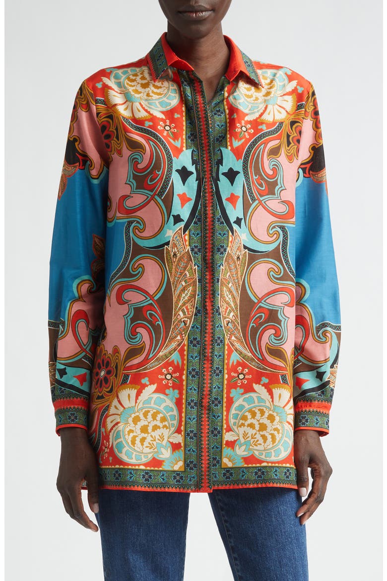 Print Cotton & Silk Tunic Button-Up Shirt, Main, color, PRINT ON BLUE BASE