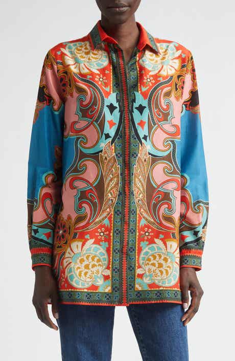 Print Cotton & Silk Tunic Button-Up Shirt