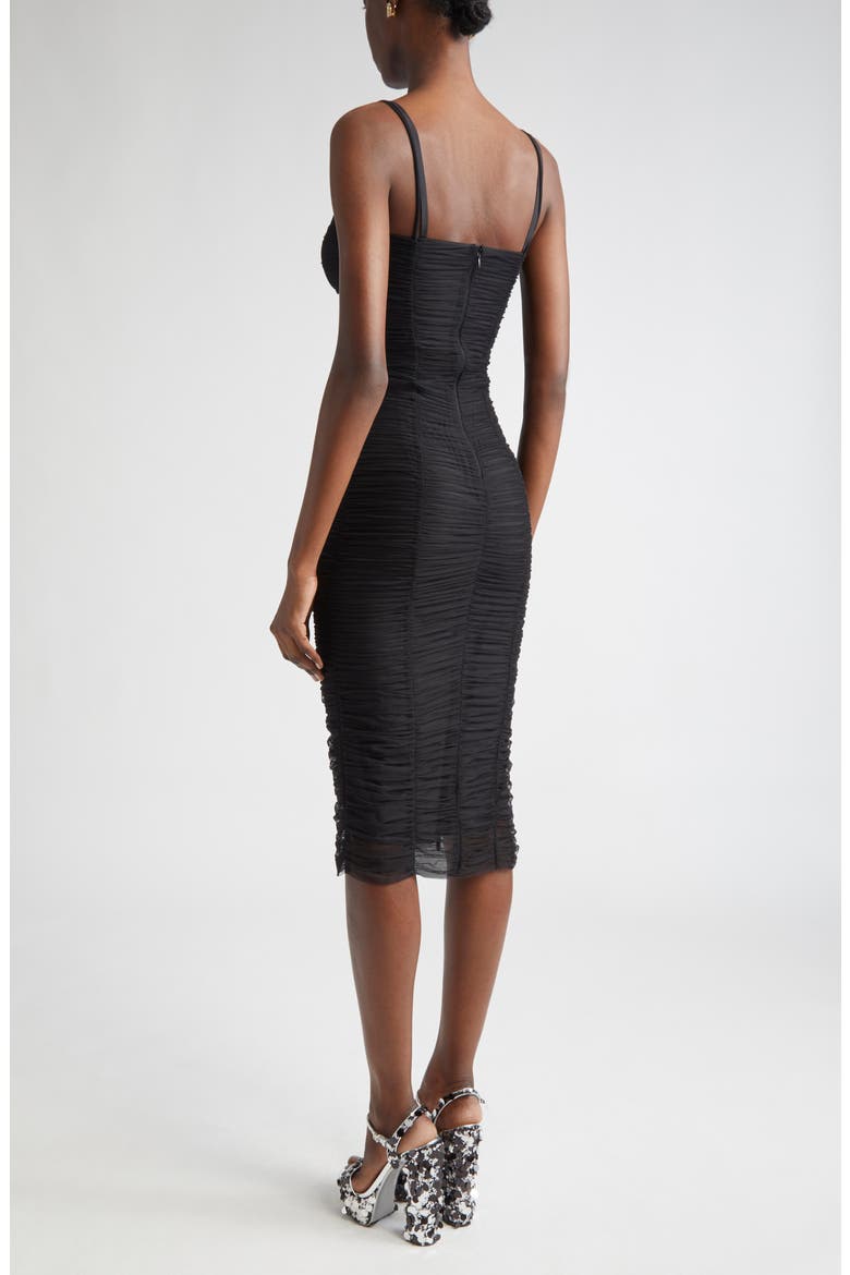 Sheer Ruched Mesh Midi Dress, Alternate, color, N0000 NERO