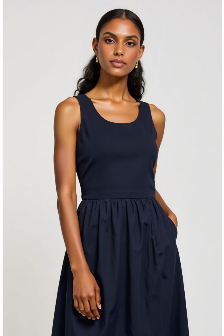 Sleeveless Fit-and-Flare Maxi Dress with Seam Waist and Side Pockets, Alternate, color, Navy Blue