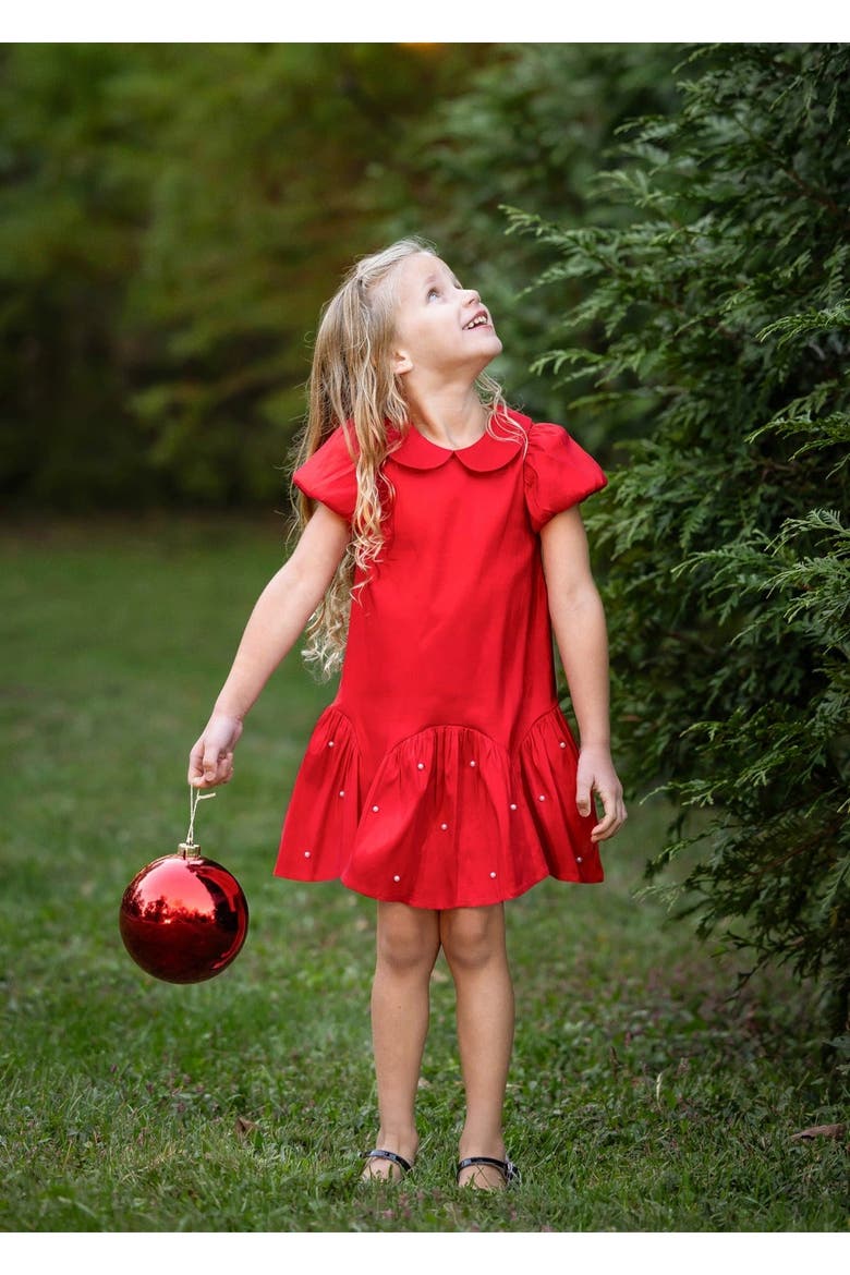 Crimson Glow Short Sleeve Peter Pan Collar Pearl Embellished Dropwaist Dress, Alternate, color, Red