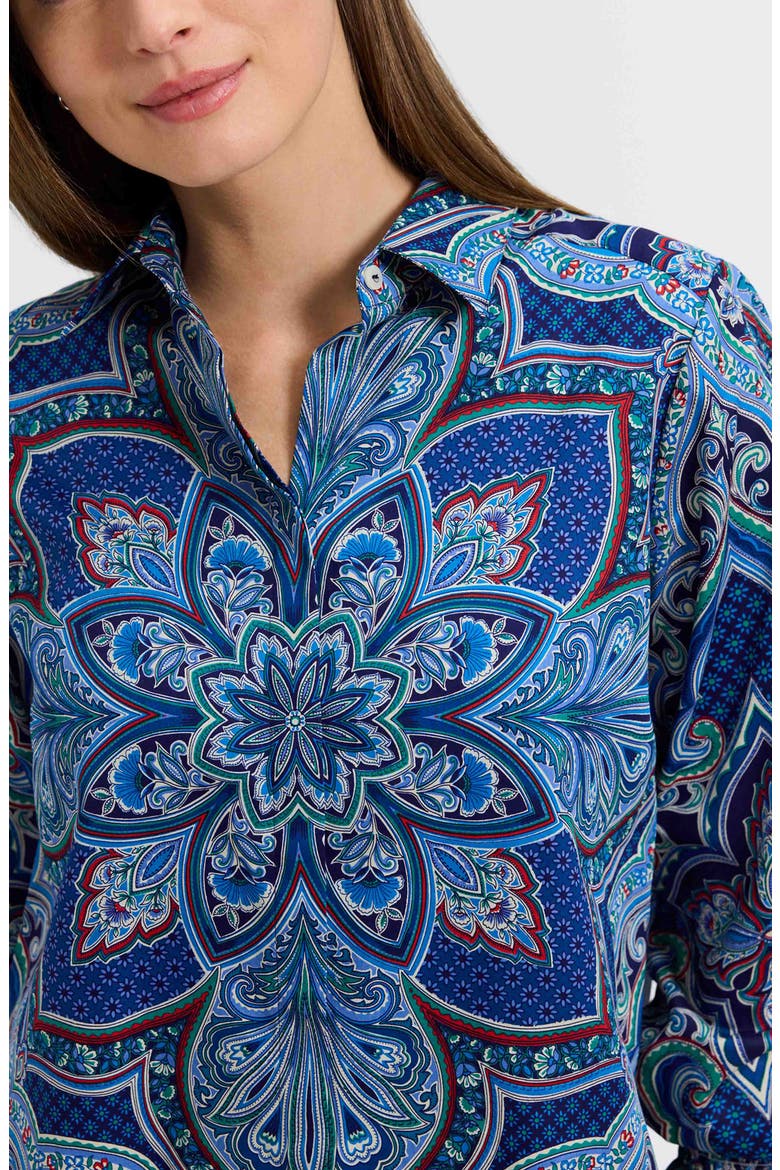 Olivia Printed Smocked Cuff Cotton Button-Up Shirt, Alternate, color, BLUE/ MULTI