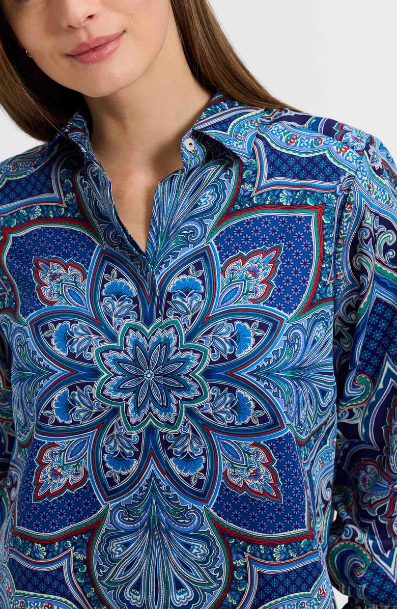 Foxcroft Olivia Printed Smocked Cuff Cotton Button-Up Shirt, Alternate, color, Blue/ Multi