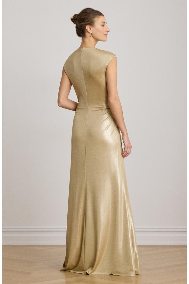 Twist Front Metallic Cap Sleeve Gown, Alternate, color, BIRCH BEIGE/ GOLD FOIL