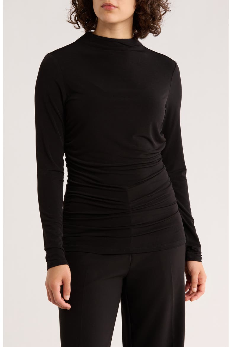 Funnel Neck Long Sleeve Ruched Top, Main, color, BLACK
