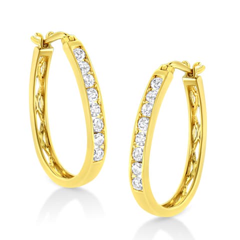 14k Yellow Gold Plated Silver 1.0 Ct Channel Diamond Hoop Earrings