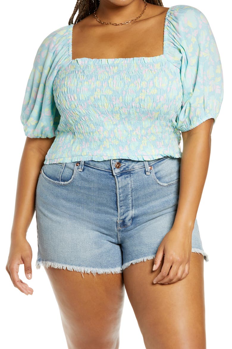 Smocked Puff Sleeve Crop Top, Main, color, BLUE DJUNA FLORAL