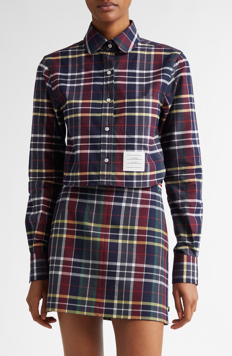 Thom Browne Plaid Crop Cotton Flannel Button-Up Shirt, Main, color, 