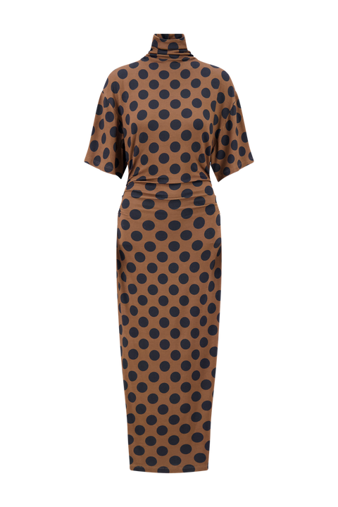 Polka Dot Jersey Turtleneck Dress