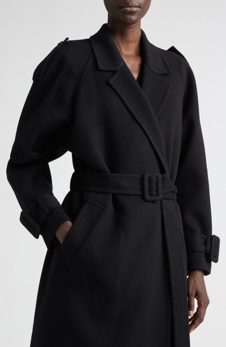 Versace Belted Double Breasted Virgin Wool & Cashmere Coat, Alternate, color, Black
