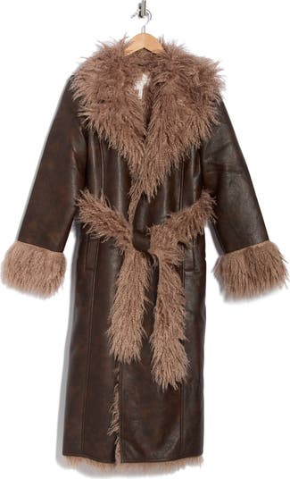 Faux Shearling Trim Faux Leather Coat