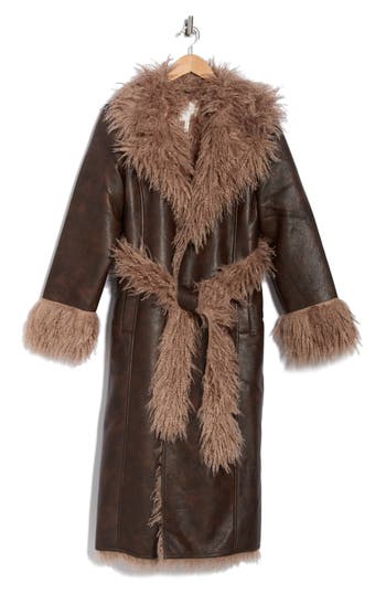 Avec Les Filles Faux Shearling Trim Faux Leather Coat In Brown