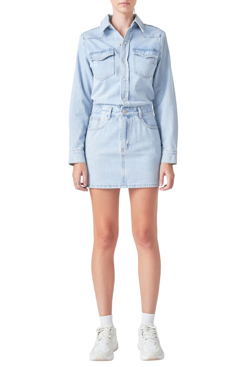 Long Sleeve Denim Mini Shirtdress, Main, color, BLUE