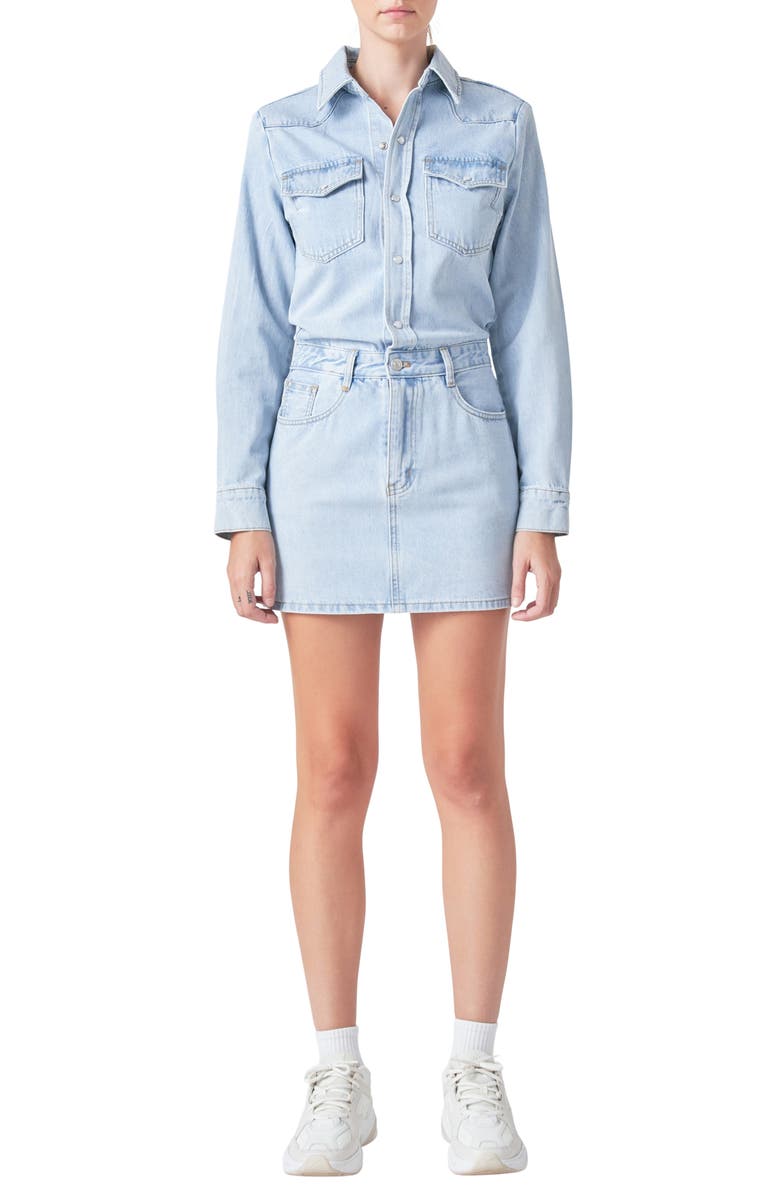 Grey Lab Long Sleeve Denim Mini Shirtdress, Main, color, Blue
