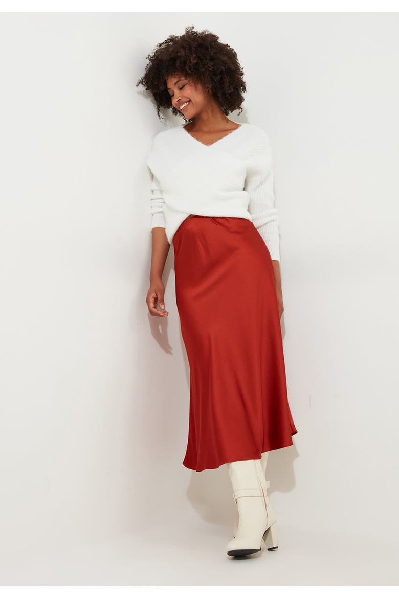 Fluted Satin Midi Skirt, Main, color, COPPER RED