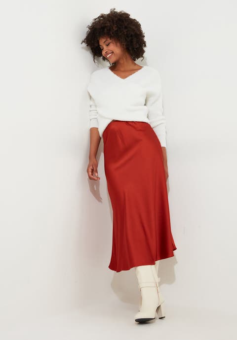 Fluted Satin Midi Skirt (Plus)