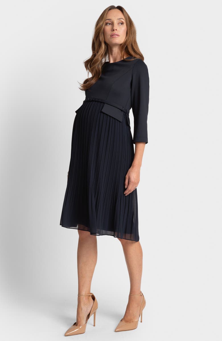 Seraphine Belted Three-Quarter Sleeve Stretch Mixed Media Maternity A-Line Dress, Alternate, color, 