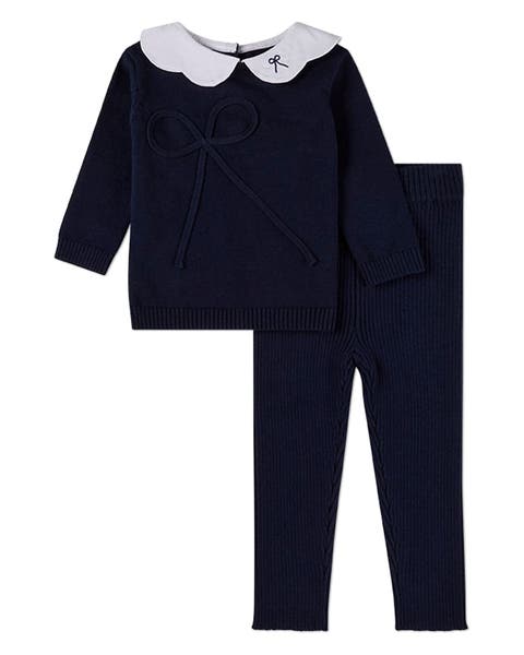 2 Piece Pop-Collar Knit Bow-Trim Set
