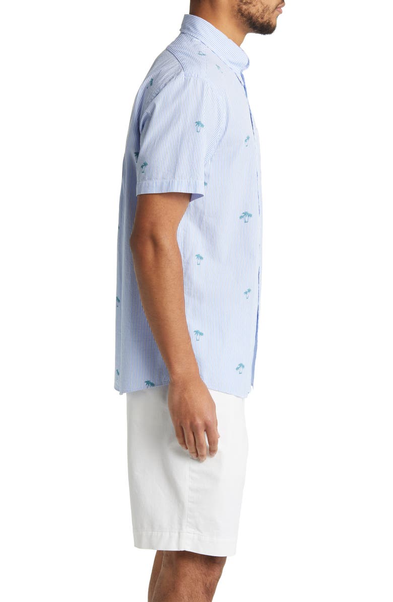 Brooks Brothers Regent Fit Seersucker Stripe Short Sleeve Button-Down Shirt, Alternate, color, Blue Stripe Palm