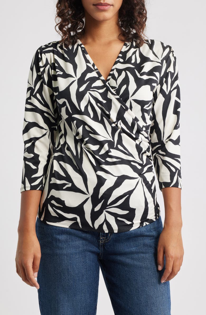 Loveappella Faux Wrap Top, Main, color, Black/ Ivory