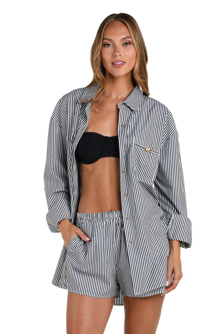 Lorena Voyage Stripe Oversize Cotton Poplin Cover-Up Button-Up Shirt, Alternate, color, BLACK