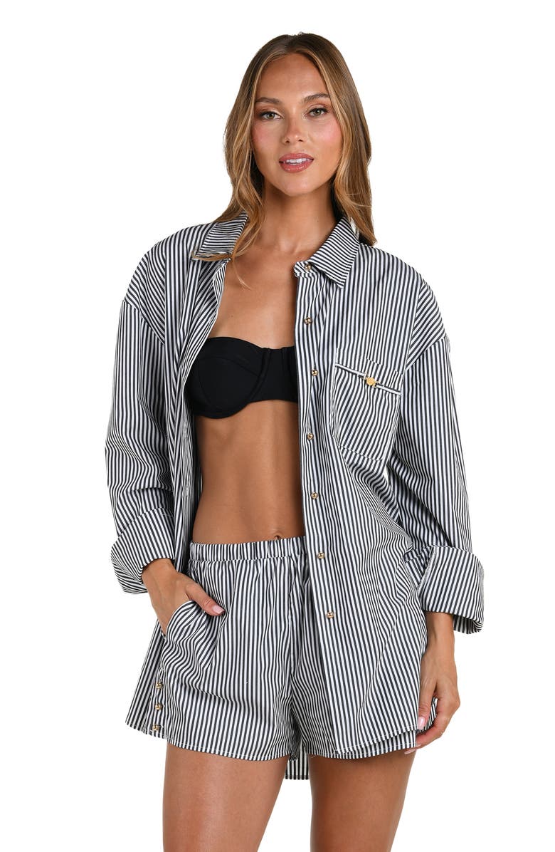 L'AGENCE Lorena Voyage Stripe Oversize Cotton Poplin Cover-Up Button-Up Shirt, Alternate, color, Black