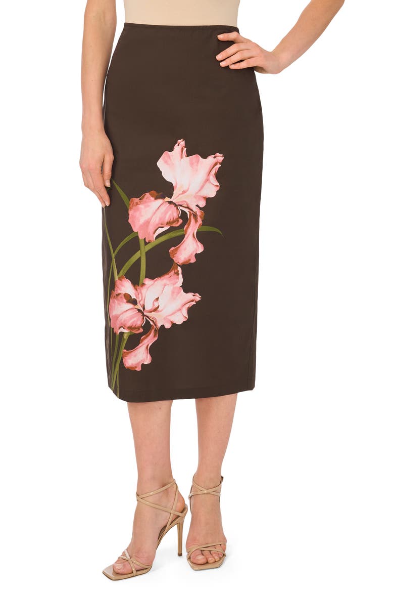 Big Flower Placement Midi Pencil Skirt, Main, color, CHOCOLATE BROWN