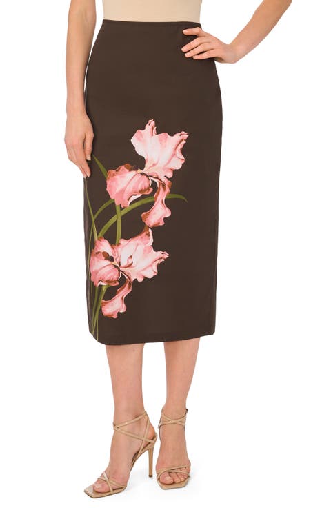 Big Flower Placement Midi Pencil Skirt