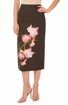 Big Flower Placement Midi Pencil Skirt