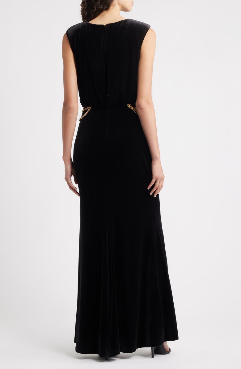 Vince Camuto Chain Detail Draped Velvet Gown, Alternate, color, Black