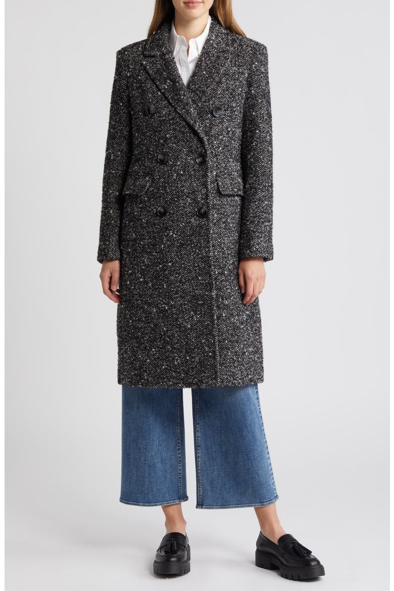 Reefer Double Breasted Herringbone Tweed Coat, Main, color, BLACK/WHIT