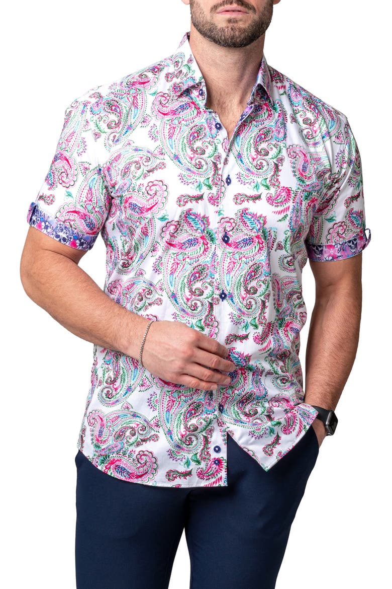 Galileo Paisley Print Short Sleeve Cotton Button-Up Shirt, Main, color, WHITE