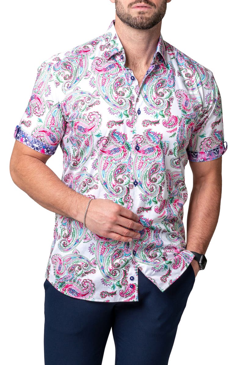 Maceoo Galileo Paisley Print Short Sleeve Cotton Button-Up Shirt, Main, color,