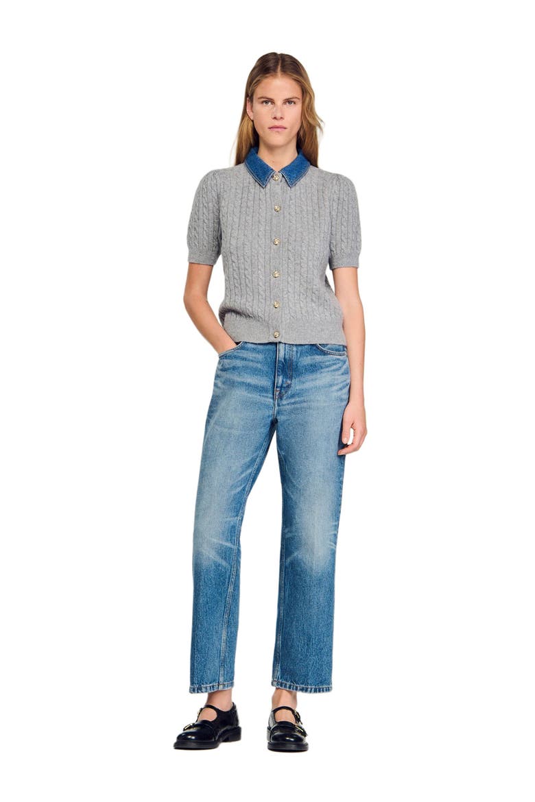 Cardigan with detachable denim collar, Main, color, Grey