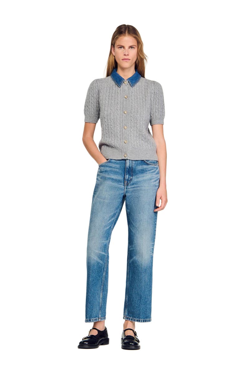 SANDRO Cardigan with detachable denim collar, Main, color, Grey